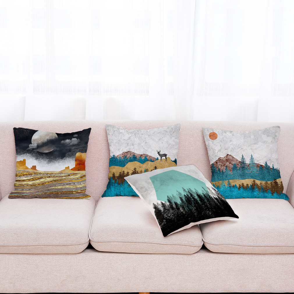 亚马逊 wish热销新款创意山林棉麻抱枕套 汽车抱枕 白麻沙发靠垫