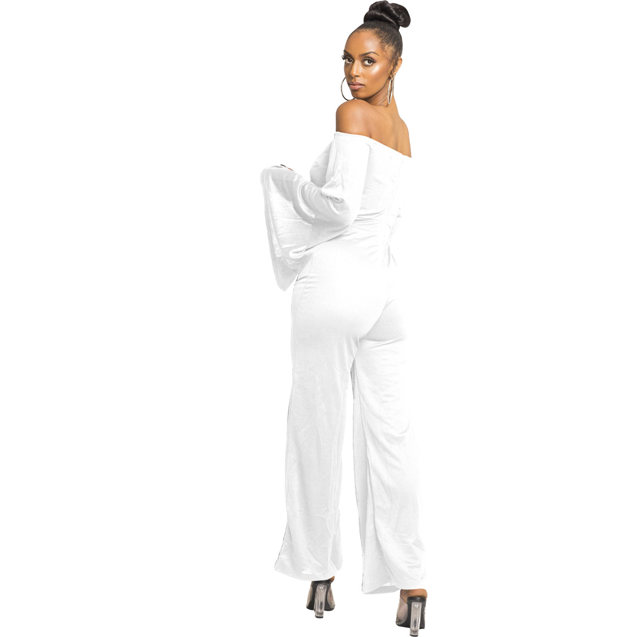 Boutique Casual Solid Color Long Sleeves Cropped off Shoulder Jumpsuit