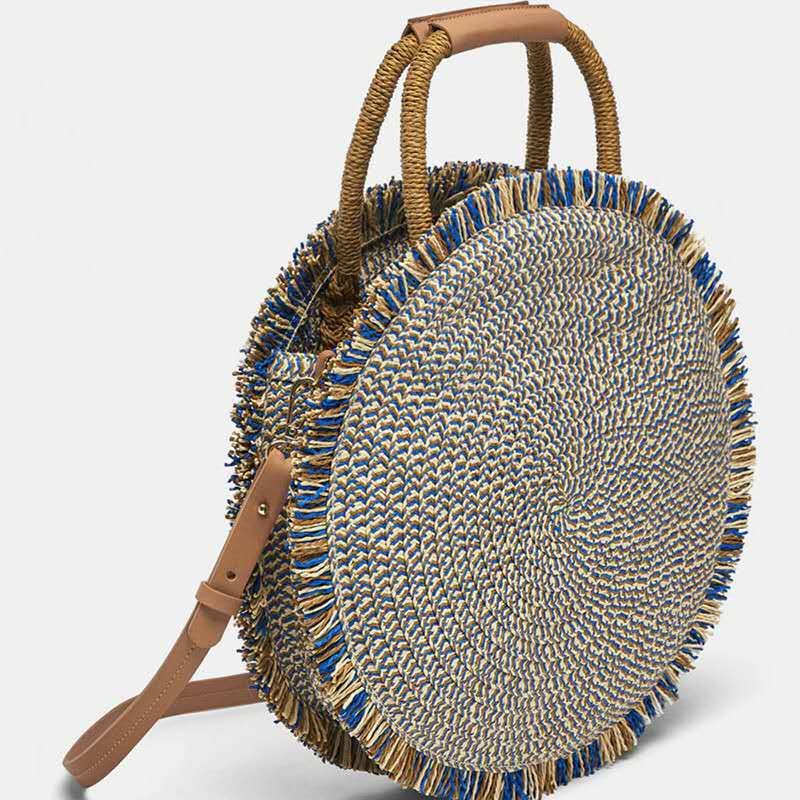 Straw Material Women's Medium Straw Solid Color Vacation Beach Weave Round Open Beach Bag