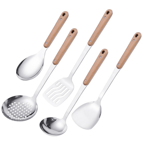 Non-magnetic thick stainless steel porridge spoon solid wood handle spatula Stainless steel household cooking spatula spoon kitchen utensil set