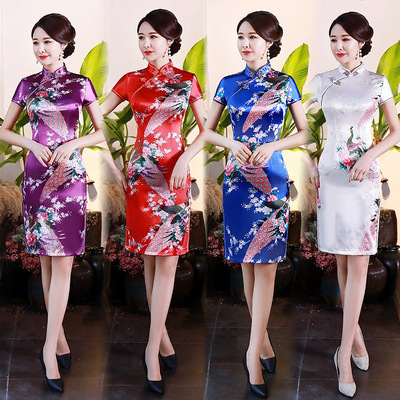 Chinese Dress Qipao for women Cheongsam dress silk printing banquet women&apos;s large size dress show