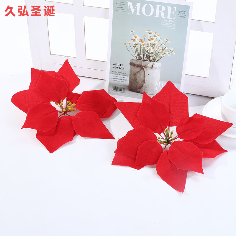 圣诞装饰大红植绒圣诞花 圣诞树花环装饰花配件 圣诞红布艺花装饰