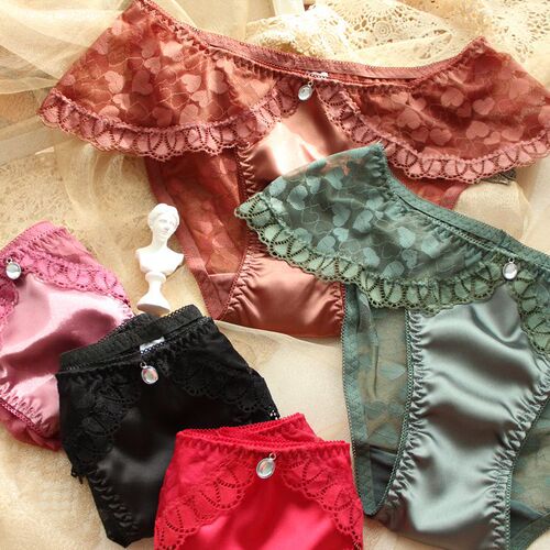 Winter New High-Elastic Satin Color Denim Women's Mid-Thigh Texture Heart-Shaped Mesh Triangle Panties