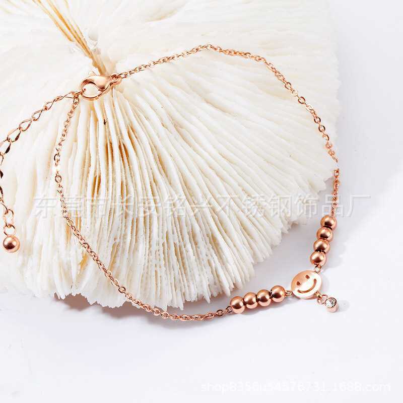 Korean and Japanese Style 18K Rose Gold Plated Titanium Steel Anklet for Women, Fashionable Stainless Steel Colorful Gold Smiley Face Single Diamond Tassel Anklet, Light Luxury Korean and Japanese Style 18K Rose Gold Plated Titanium Steel Anklet for Women, Fashionable Stainless Steel Colorful Gold Smiley Face Single Diamond Tassel Anklet, Light Luxury