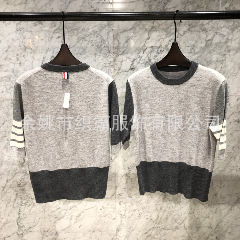 19ss tb style sweater wool short sleeve arm four bar sweater spring and autumn women's slim fit College