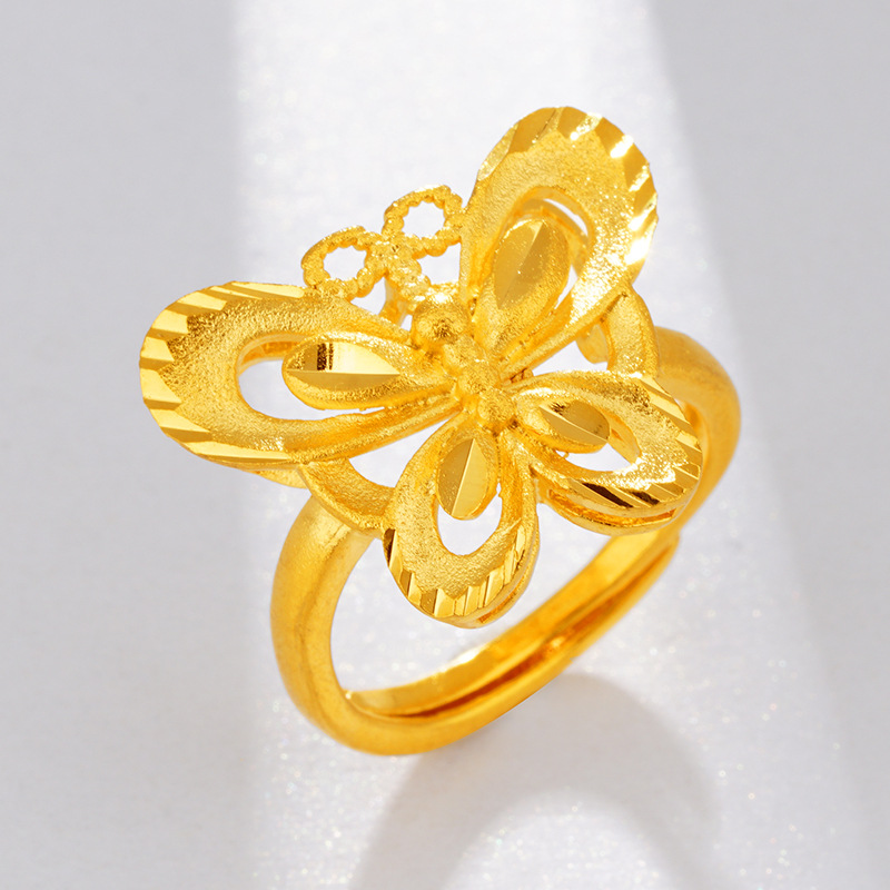 Explosivo transfronterizo de cobre chapado en oro mariposa apertura anillo femenino chapado 24K arenas doradas reales Oro Estilo Nacional anillo de moda