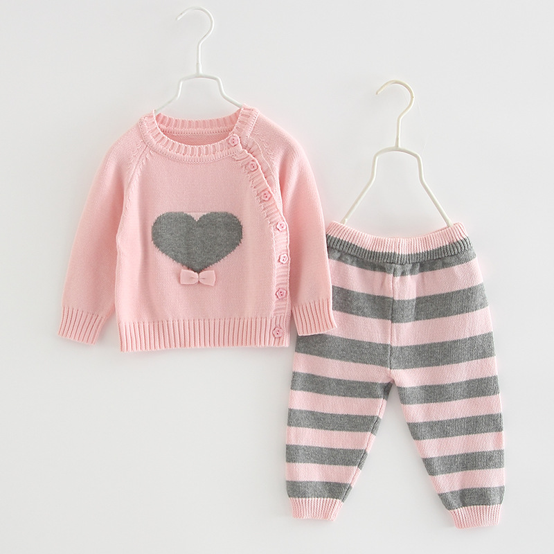 Primavera y otoño bebé suéter ropa infantil de algodón cuello redondo bebé de punto camisa de punto a rayas pantalones de punto traje de dos piezas