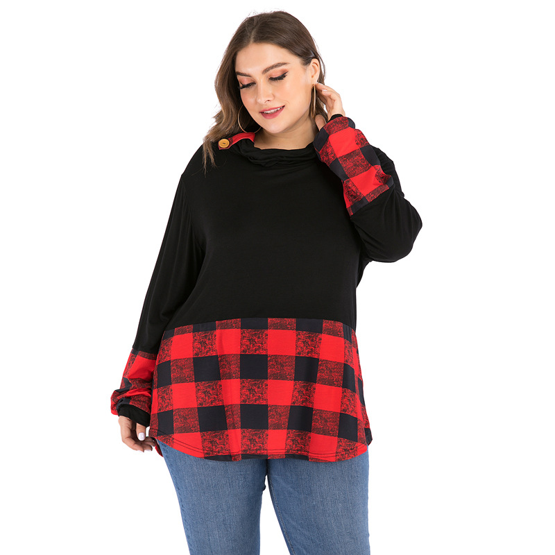 2020跨境大码欧美格子拼接套头t恤女秋冬长袖针织上衣一件代发|ru