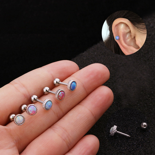 New opal earrings, stainless steel threaded ear bone nails, cartilage nails that don’t need to be removed when sleeping, ear piercing wholesale