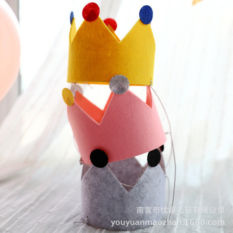 创意毛毡布派对帽 儿童周岁生日派对帽头装饰 皇冠生日帽子可制做