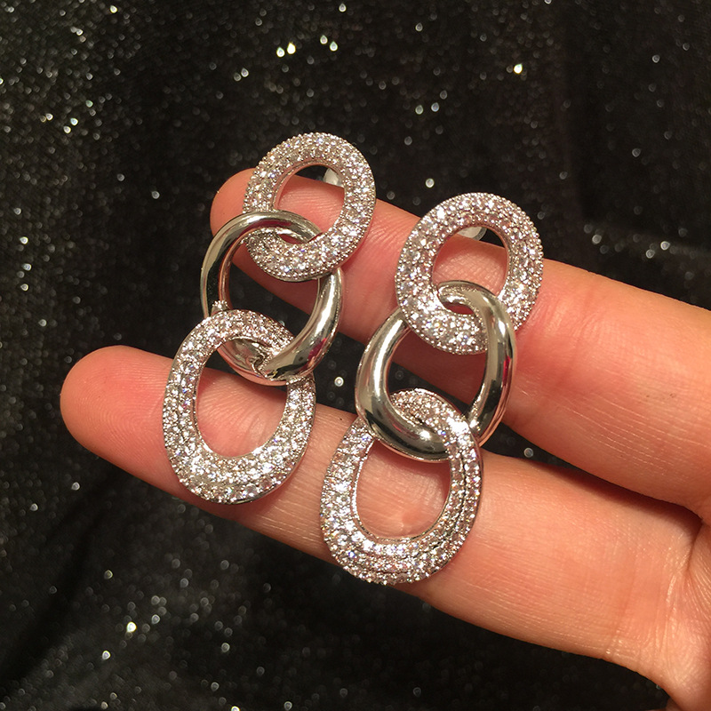 Gem Inlay Material S925 Silver Stitched Chain Earrings Long Tassel Simple Micro Inlaid Zircon Creative Earrings