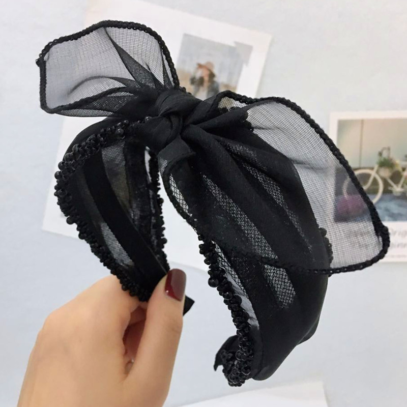 New Mesh Gauze Headband Korean Middle Knot Single Row Bead Wide Edge Simple Headband display picture 11