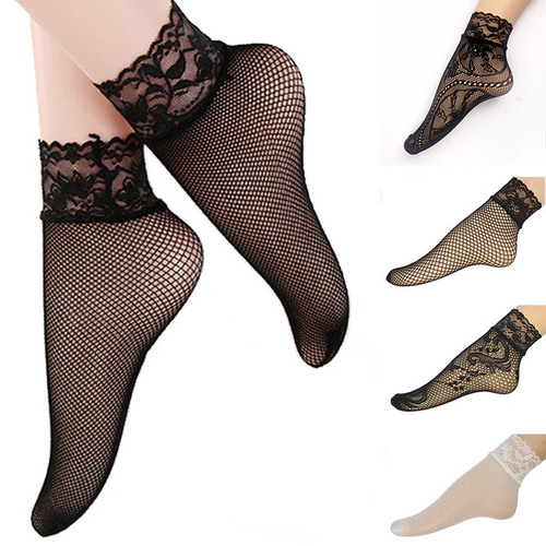 Summer fine mesh lace short socks, breathable short silk stockings, invisible large size black pearl short socks