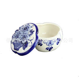 手绘蓝彩浮雕花朵首饰盒复古手绘陶瓷置物器皿 支持定制