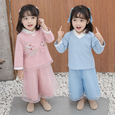 女童2019春季新款2到7岁萌宝复古中国风花鸟蒙纱假四件套汉服唐装