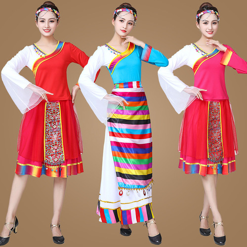 2019 Square Dance Costume New Middle-Aged Spring and Summer Performance Suit Milky Silk Ethnic Dance Large Swing Skirt Short Skirt