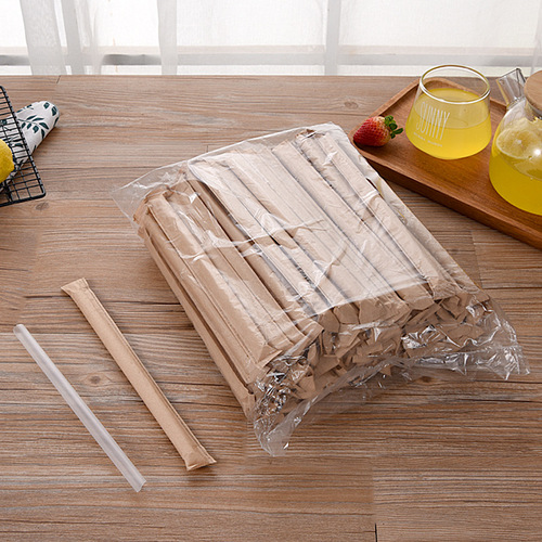 Mingxing Disposable Kraft Paper Single Striped Individually Packaged Bubble Tea Slush Drink White Paper Thick and Thin Transparent Straw