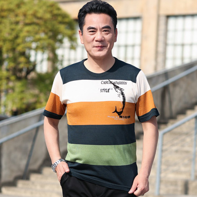 夏季爸爸裝短袖冰絲t恤男中年男士圓領寬松條紋T恤衫中老年人男裝