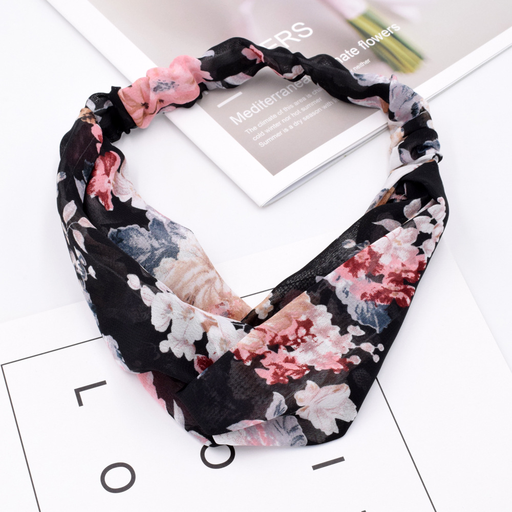 Korea Breathable Chiffon Flower Feminine Fabric Cross Elastic Wash Face Headband  Wholesale display picture 1