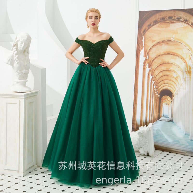 engerla off-shoulder dress 2021 New French light women's dress trailing luxury floor-length simple
