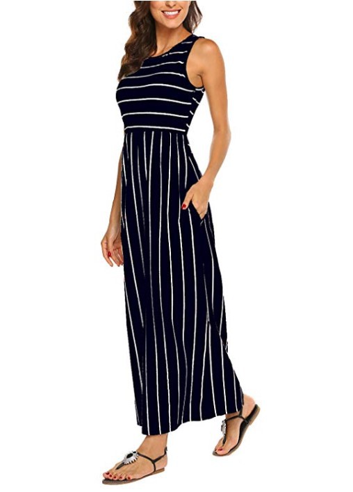 Women's A-line Skirt Fashion Streetwear Round Neck Printing Sleeveless Stripe Maxi Long Dress Daily display picture 1