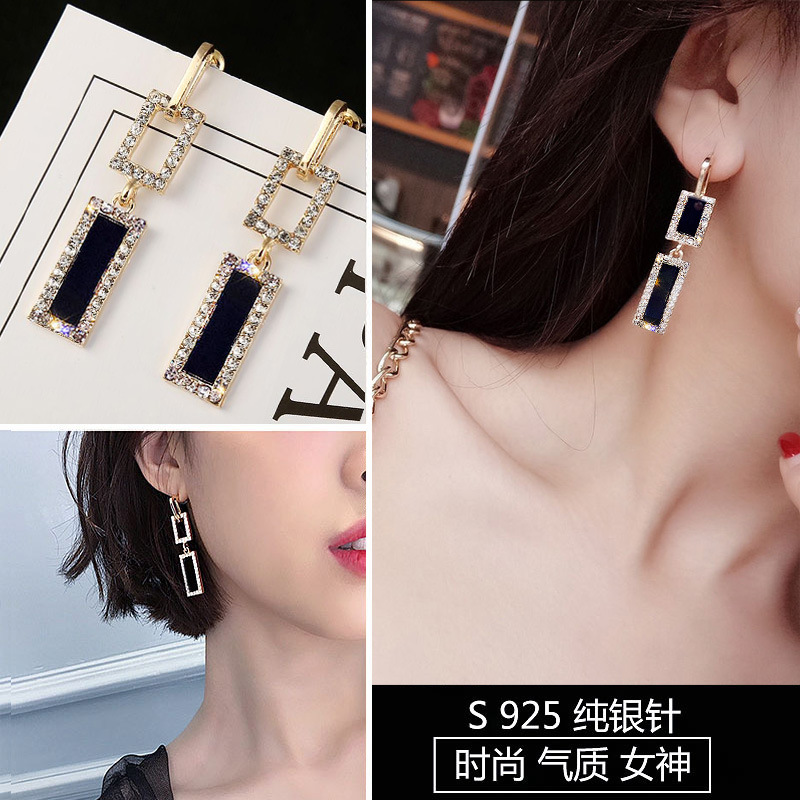 爆款韩版时尚S925银针几何耳钉女防过敏个性耳坠气质镶钻耳环耳饰