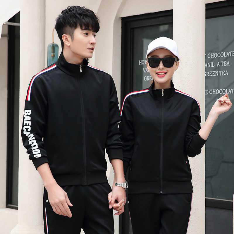 情侶運動服女跑步套裝春秋款長袖開衫衛衣休閑南韓絲男裝校服大碼