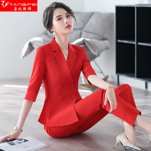 Women's Red Suit Set, Autumn/Winter New Style, Fashion, Elegant, Business Formal, Ladylike, Chanel-style, Beauty Salon Uniform