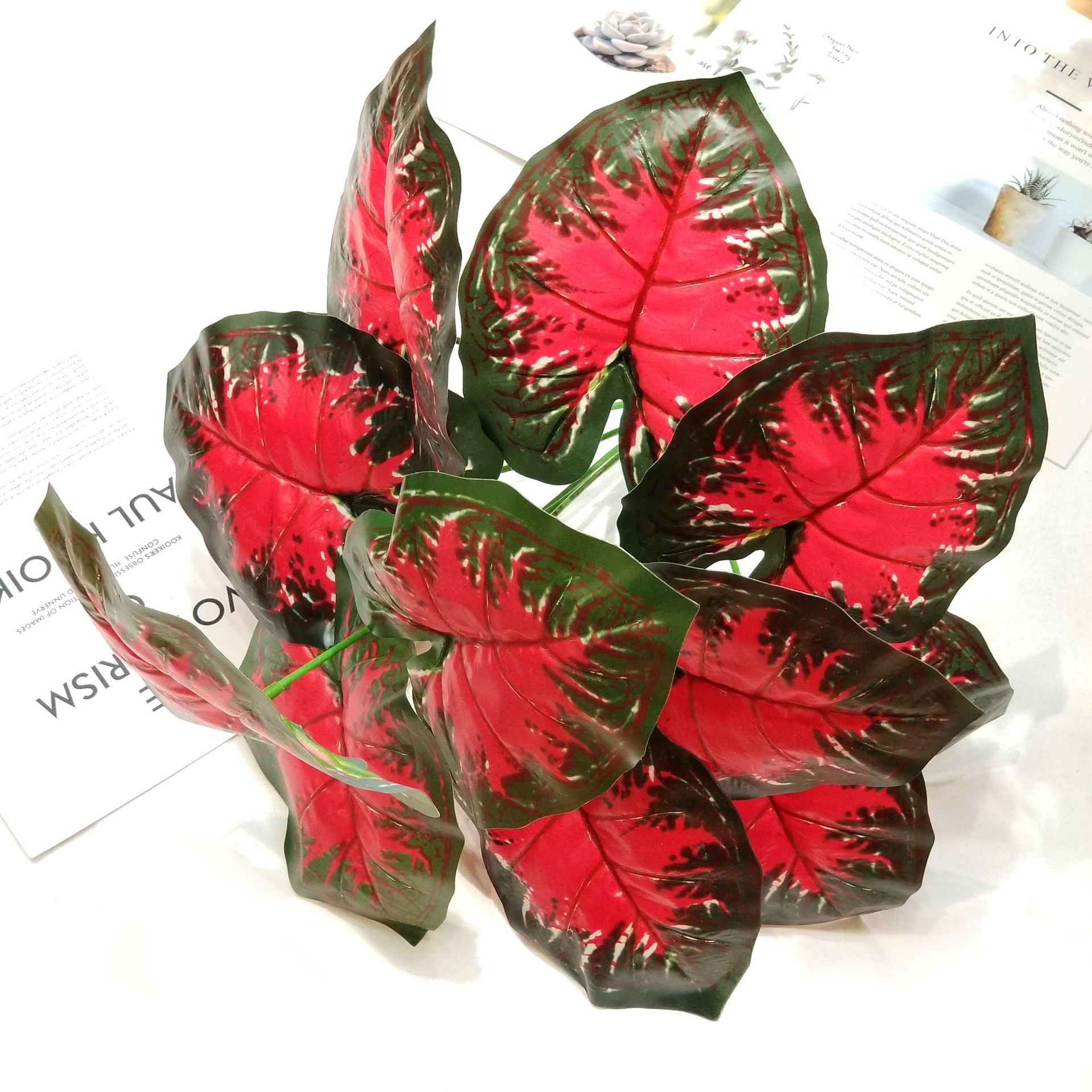 12头过胶布把束红芋叶植物墙花艺造景配材外贸artificial flower|ms