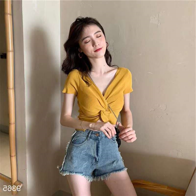 1416# wholesale fashion chic sexy solid color bottoming shirt ingenious cross two wear knitted short sleeve top women's summer