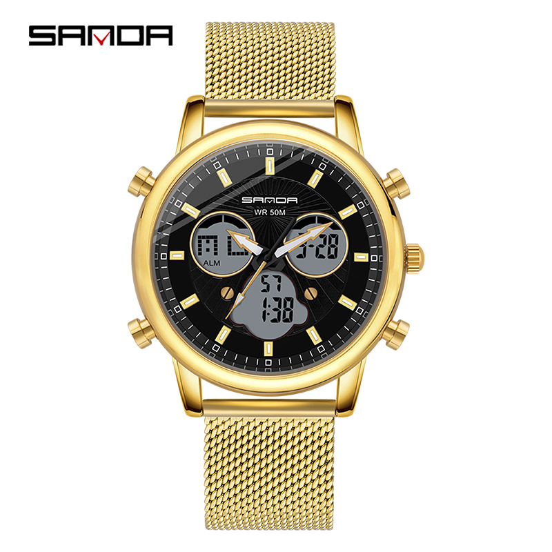 SANDA P803 impermeable multifuncional reloj deportivo al aire libre reloj electrónico de cuarzo de doble movimiento para hombres