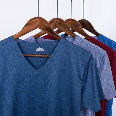 冰丝无痕短袖t恤男V领薄款夏季青年修身弹力运动速干半袖体恤汗衫|ms