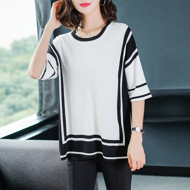Korean fashion loose seven sleeve T-shirt temperament stripe T-Shirt Top