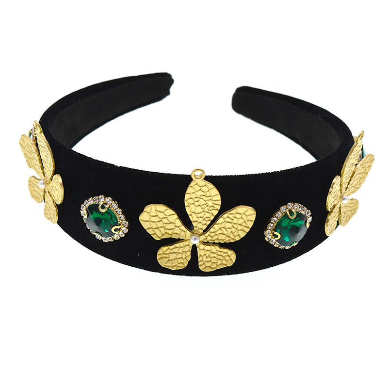 Black Color Baroque Leaves Gold Velvet Headband Emerald Crystal Thick Sponge Shape Catwalk Hairpin