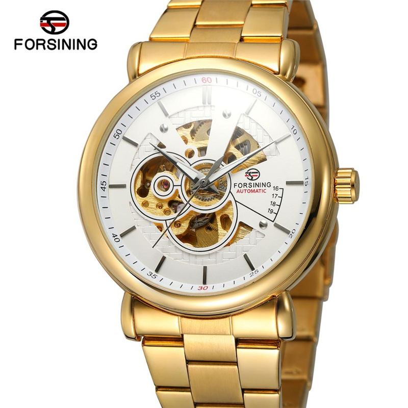 Forsining Fusini cinturón de acero casual reloj mecánico automático transparente hueco impermeable reloj 726