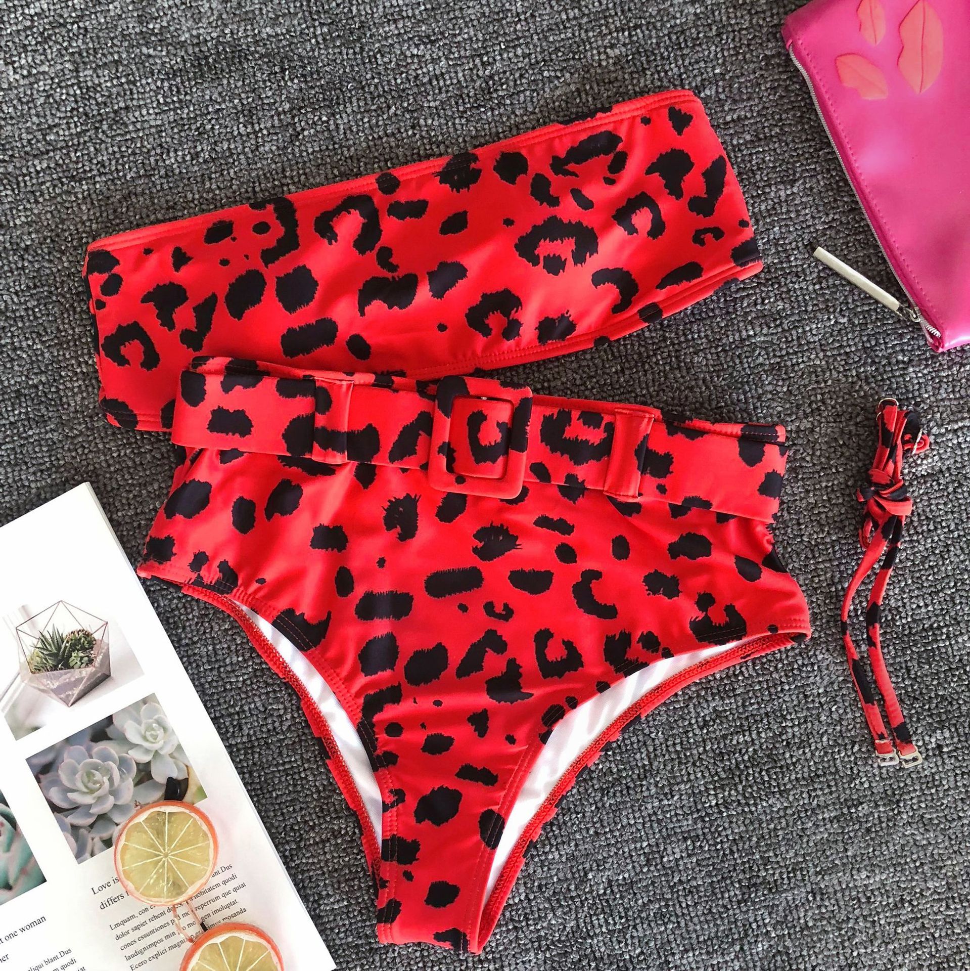 sexy red leopard tube top metal buckle belt high waist bikini two-piece swimsuit nihaostyles wholesale clothing NSCMB97583