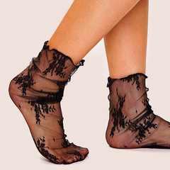 超薄款透明復古網紗短襪女韓國性感堆堆襪枝葉花朵提花網紗絲襪