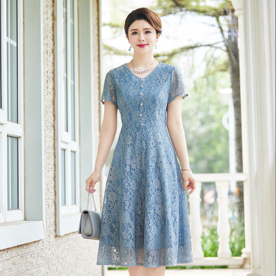 mom Summer dress Mid length version 40 year 50 middle age lady Short sleeved Lace Kuotai Tai Noble Overknee skirt