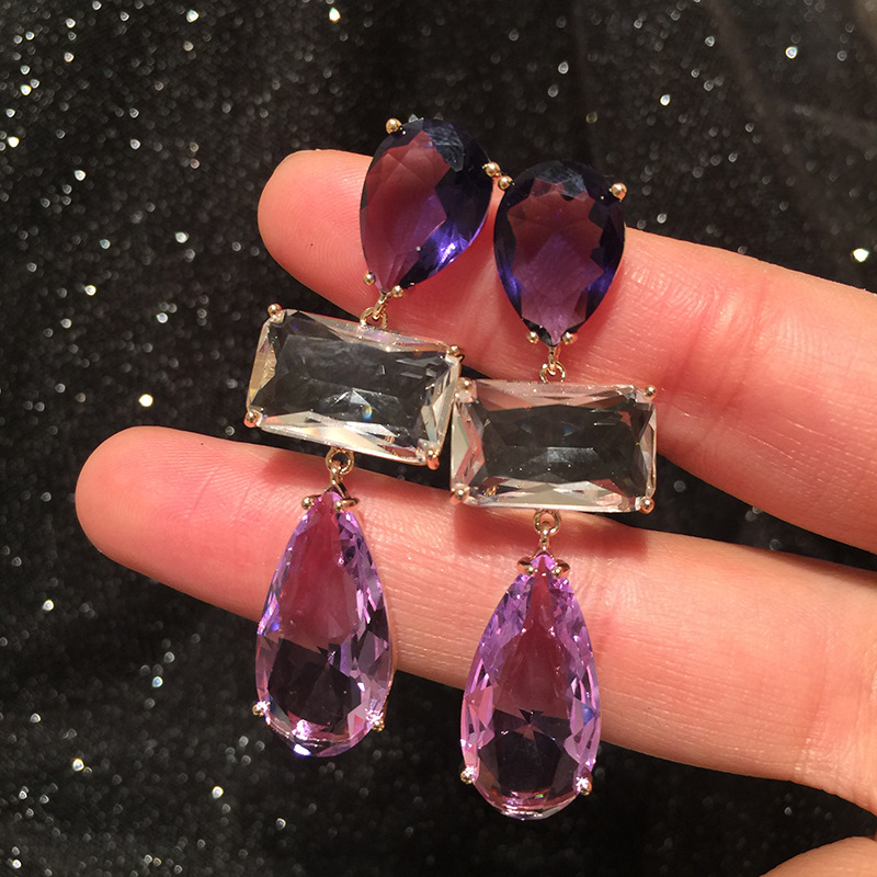 Fashion Earrings Long Water Drop Tassel S925 Silver Needle Purple Square Diamond Earrings display picture 2