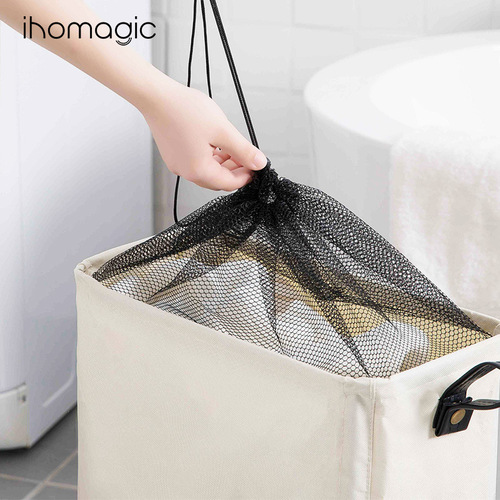Japanese-style narrow grid net storage basket with drawstring clothing organizer, dirty clothes bag with wheels, storage and organization box