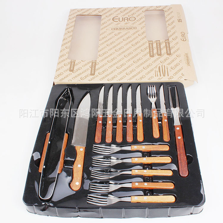 Barbacoas de acero inoxidable profesional hornear conjunto 15-pieza hogar portátil caja de color traje al aire libre mango de madera barbacoa herramienta Accesorios
