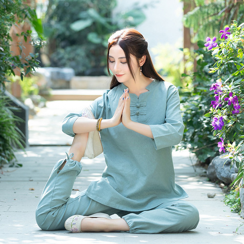 Yoga clothing taichi kung fu suit stand collar cotton linen Jacquard buckle Women's Zen clothing top Two-piece practice clothes