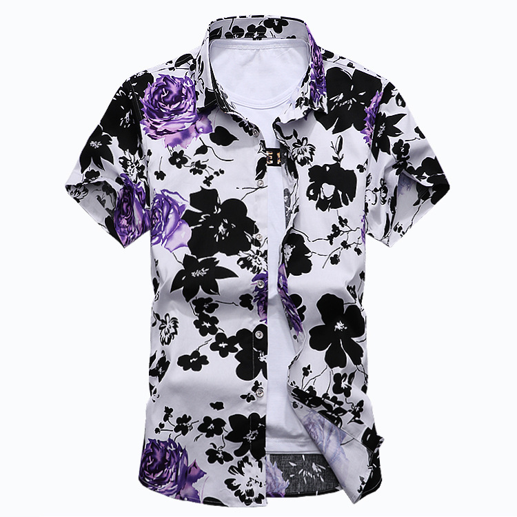 Summer new men's large Satin Flower short sleeve shirt men's large Floral Shirt Men's slim inch shirt