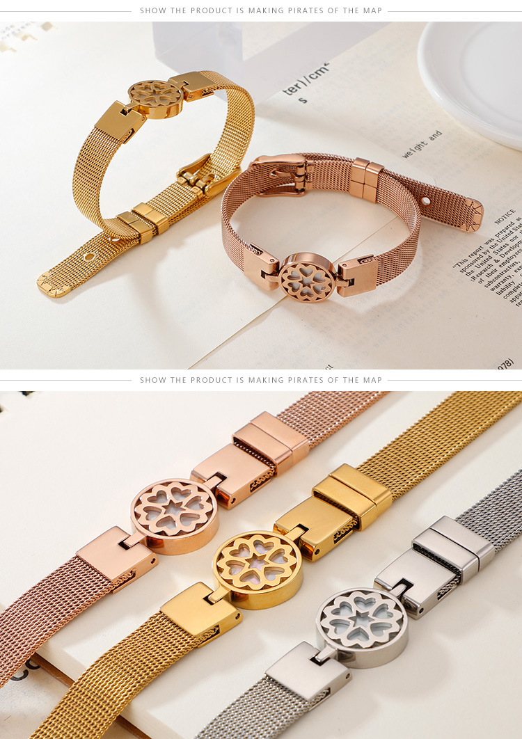 Unisex Gender Japanese And Korean Style New Stainless Steel Electroplated Heart-connected Mesh Strap Bracelet Three Colors Optional For Girlfriend