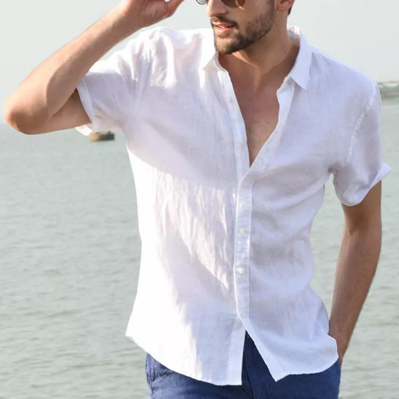 Cross border European and American summer short sleeve casual foreign trade men's shirt men's 2019 solid color shirt popular on eBay