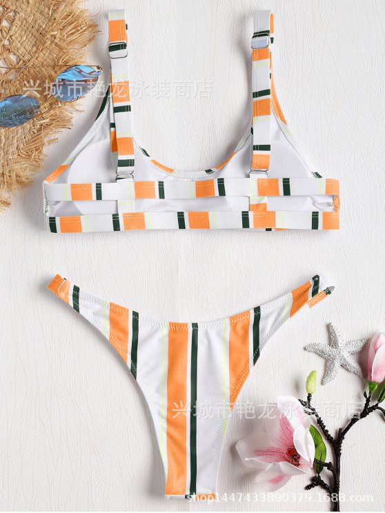 Strip printed thong bikini swimsuit set NSHL48216