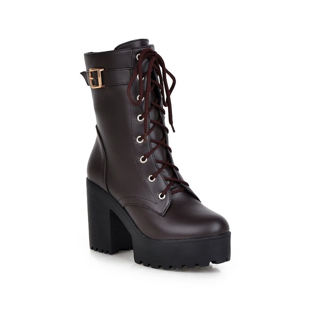 Fashionable thick heel high heel waterproof platform lace up low tube Martin boots