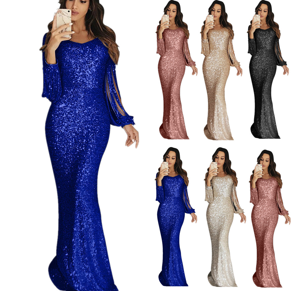 Women's Party Dress Elegant V Neck Sequins Long Sleeve Solid Color Maxi Long Dress Banquet display picture 1