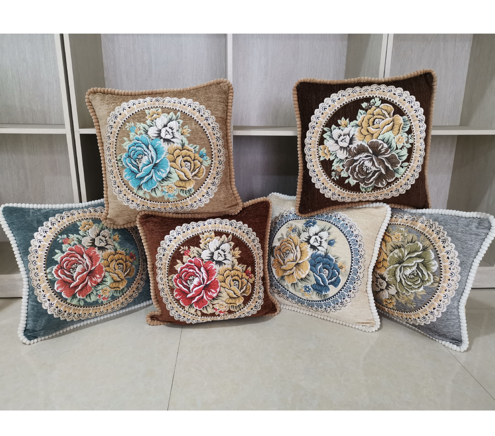 欧式抱枕床头靠垫沙发靠背 典雅客厅靠枕 雪尼尔定位花面料批发