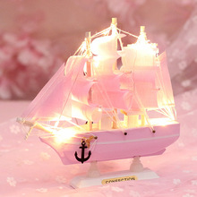 粉色少女心带灯串帆船木制船模型客厅隔断摆件房间桌面装饰品